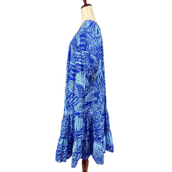 Vtg 80s 90s Two Potato Laguna Beach Midi Tiered Muumuu Dress XS Cotton Blue NOS - Picture 4 of 16